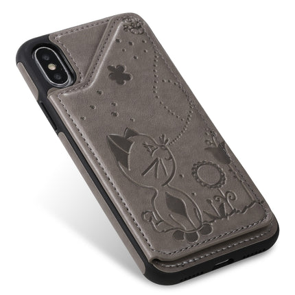For iPhone X Cat Bee Embossing Pattern Shockproof Protective Case with Card Slots & Photo Frame(Grey)-garmade.com