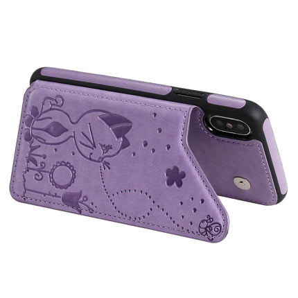 For iPhone X Cat Bee Embossing Pattern Shockproof Protective Case with Card Slots & Photo Frame(Purple)-garmade.com