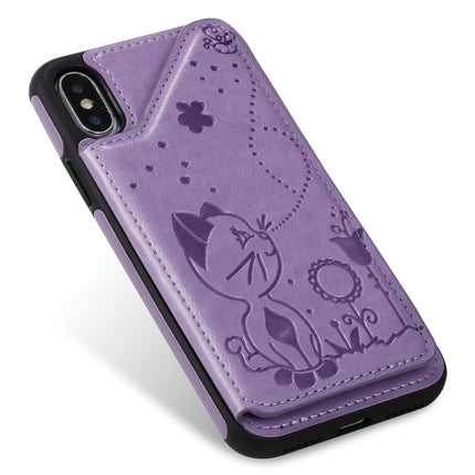 For iPhone X Cat Bee Embossing Pattern Shockproof Protective Case with Card Slots & Photo Frame(Purple)-garmade.com