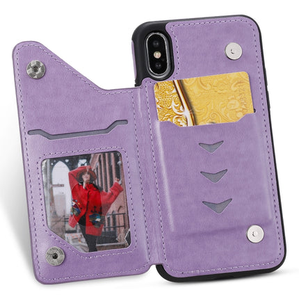 For iPhone X Cat Bee Embossing Pattern Shockproof Protective Case with Card Slots & Photo Frame(Purple)-garmade.com