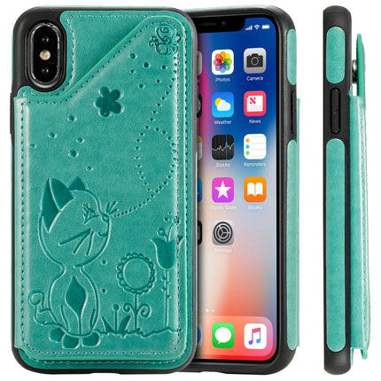 For iPhone X Cat Bee Embossing Pattern Shockproof Protective Case with Card Slots & Photo Frame(Green)-garmade.com