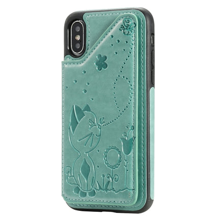 For iPhone X Cat Bee Embossing Pattern Shockproof Protective Case with Card Slots & Photo Frame(Green)-garmade.com