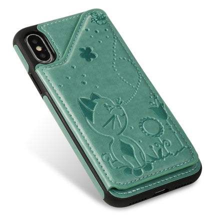 For iPhone X Cat Bee Embossing Pattern Shockproof Protective Case with Card Slots & Photo Frame(Green)-garmade.com