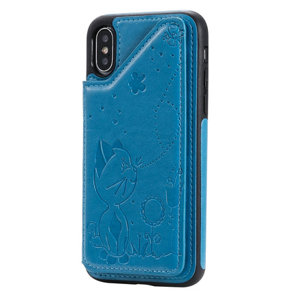 For iPhone X Cat Bee Embossing Pattern Shockproof Protective Case with Card Slots & Photo Frame(Blue)-garmade.com