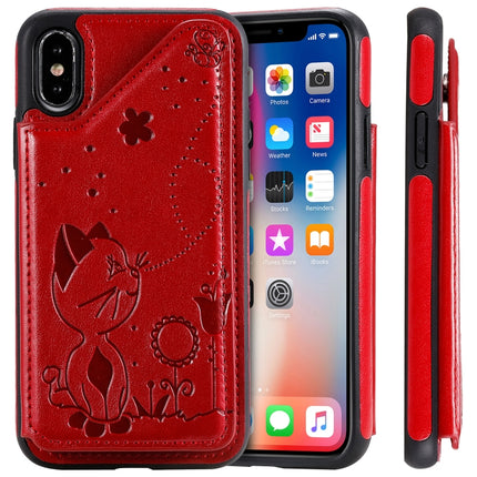 For iPhone X Cat Bee Embossing Pattern Shockproof Protective Case with Card Slots & Photo Frame(Red)-garmade.com