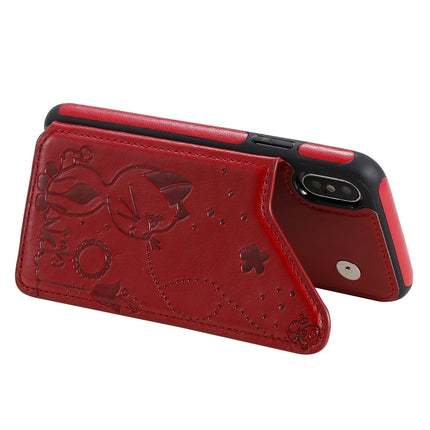 For iPhone X Cat Bee Embossing Pattern Shockproof Protective Case with Card Slots & Photo Frame(Red)-garmade.com