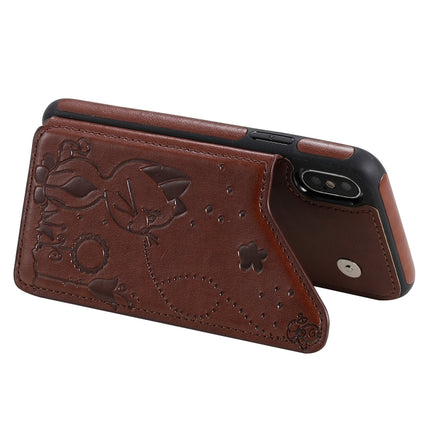 For iPhone X Cat Bee Embossing Pattern Shockproof Protective Case with Card Slots & Photo Frame(Brown)-garmade.com