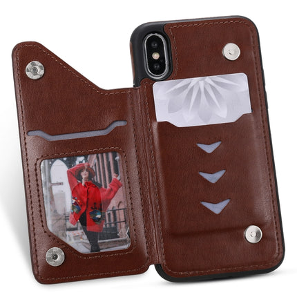 For iPhone X Cat Bee Embossing Pattern Shockproof Protective Case with Card Slots & Photo Frame(Brown)-garmade.com
