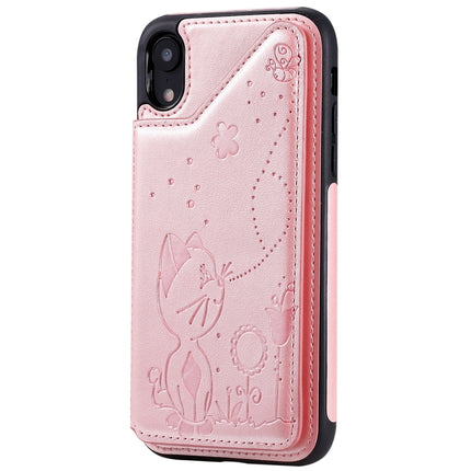 For iPhone XR Cat Bee Embossing Pattern Shockproof Protective Case with Card Slots & Photo Frame(Rose Gold)-garmade.com