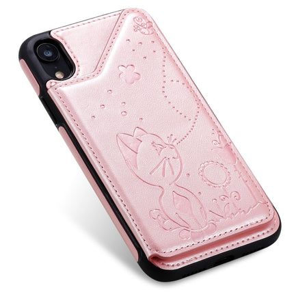 For iPhone XR Cat Bee Embossing Pattern Shockproof Protective Case with Card Slots & Photo Frame(Rose Gold)-garmade.com