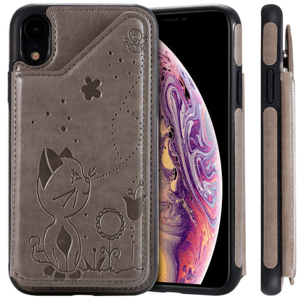 For iPhone XR Cat Bee Embossing Pattern Shockproof Protective Case with Card Slots & Photo Frame(Grey)-garmade.com