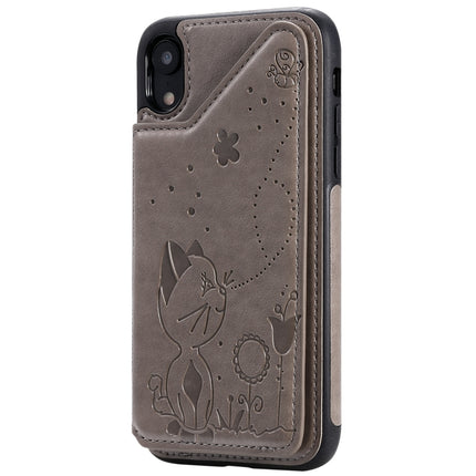 For iPhone XR Cat Bee Embossing Pattern Shockproof Protective Case with Card Slots & Photo Frame(Grey)-garmade.com