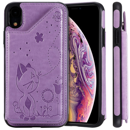 For iPhone XR Cat Bee Embossing Pattern Shockproof Protective Case with Card Slots & Photo Frame(Purple)-garmade.com