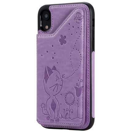 For iPhone XR Cat Bee Embossing Pattern Shockproof Protective Case with Card Slots & Photo Frame(Purple)-garmade.com