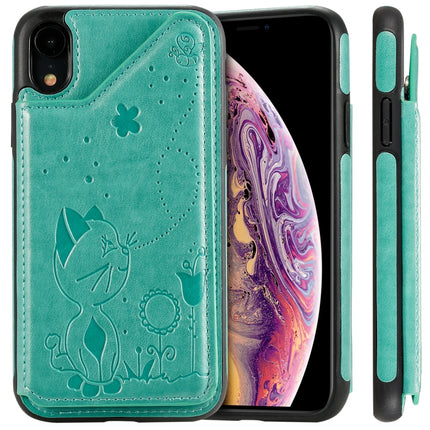 For iPhone XR Cat Bee Embossing Pattern Shockproof Protective Case with Card Slots & Photo Frame(Green)-garmade.com