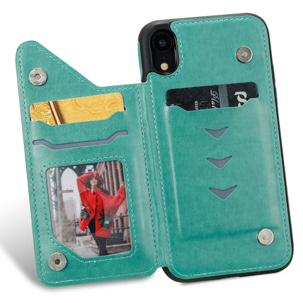 For iPhone XR Cat Bee Embossing Pattern Shockproof Protective Case with Card Slots & Photo Frame(Green)-garmade.com