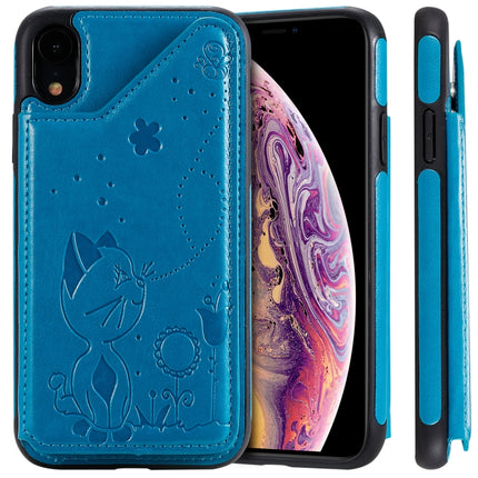 For iPhone XR Cat Bee Embossing Pattern Shockproof Protective Case with Card Slots & Photo Frame(Blue)-garmade.com