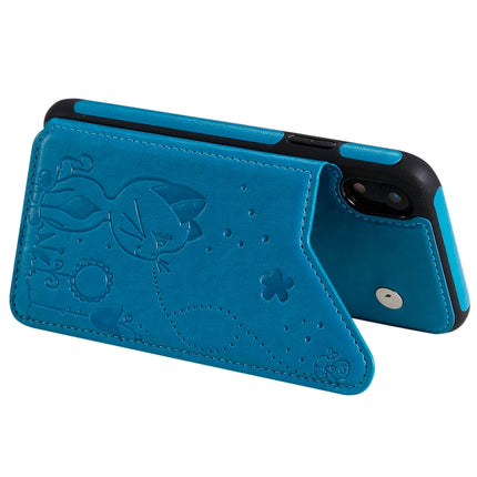For iPhone XR Cat Bee Embossing Pattern Shockproof Protective Case with Card Slots & Photo Frame(Blue)-garmade.com