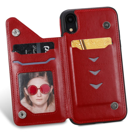 For iPhone XR Cat Bee Embossing Pattern Shockproof Protective Case with Card Slots & Photo Frame(Red)-garmade.com