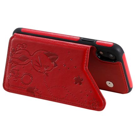 For iPhone XR Cat Bee Embossing Pattern Shockproof Protective Case with Card Slots & Photo Frame(Red)-garmade.com