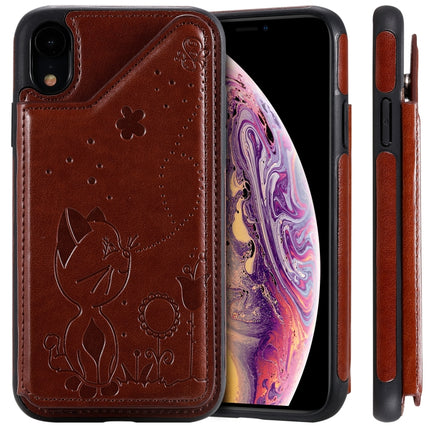 For iPhone XR Cat Bee Embossing Pattern Shockproof Protective Case with Card Slots & Photo Frame(Brown)-garmade.com