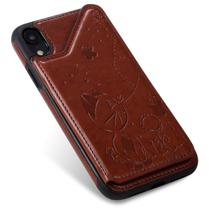 For iPhone XR Cat Bee Embossing Pattern Shockproof Protective Case with Card Slots & Photo Frame(Brown)-garmade.com