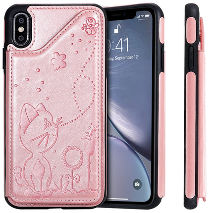 For iPhone XS Max Cat Bee Embossing Pattern Shockproof Protective Case with Card Slots & Photo Frame(Rose Gold)-garmade.com