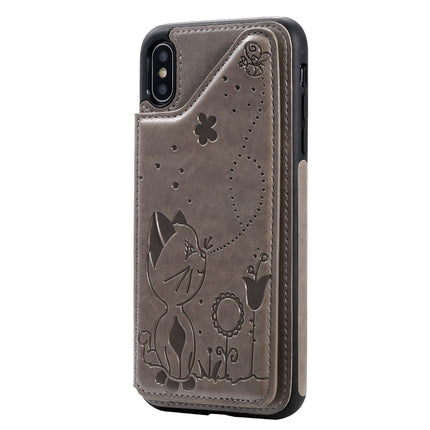 For iPhone XS Max Cat Bee Embossing Pattern Shockproof Protective Case with Card Slots & Photo Frame(Grey)-garmade.com