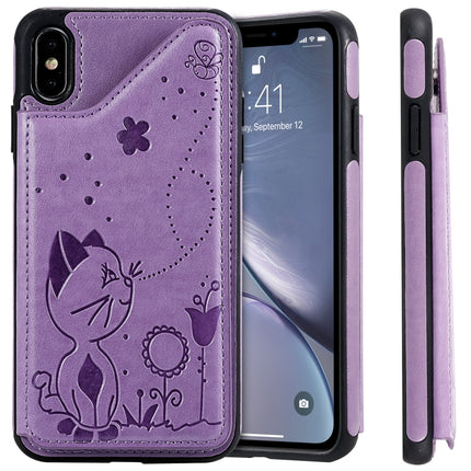 For iPhone XS Max Cat Bee Embossing Pattern Shockproof Protective Case with Card Slots & Photo Frame(Purple)-garmade.com