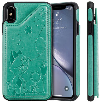 For iPhone XS Max Cat Bee Embossing Pattern Shockproof Protective Case with Card Slots & Photo Frame(Green)-garmade.com