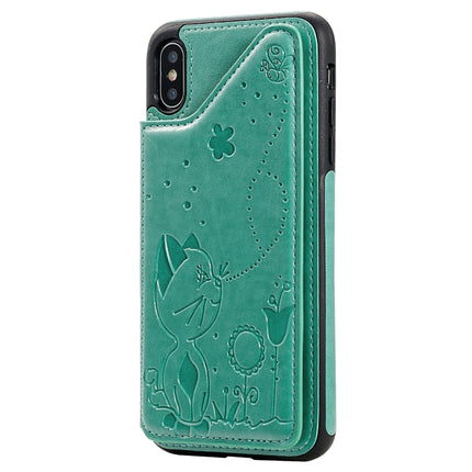 For iPhone XS Max Cat Bee Embossing Pattern Shockproof Protective Case with Card Slots & Photo Frame(Green)-garmade.com