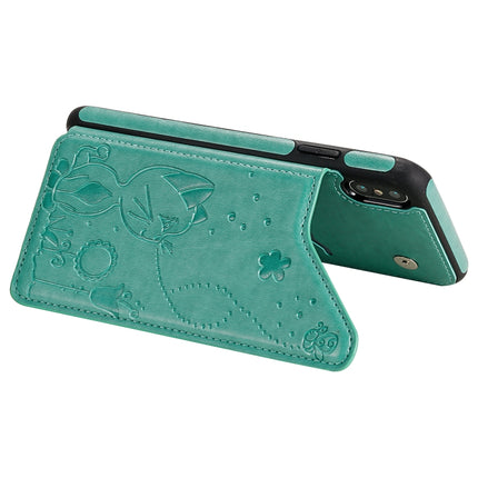 For iPhone XS Max Cat Bee Embossing Pattern Shockproof Protective Case with Card Slots & Photo Frame(Green)-garmade.com