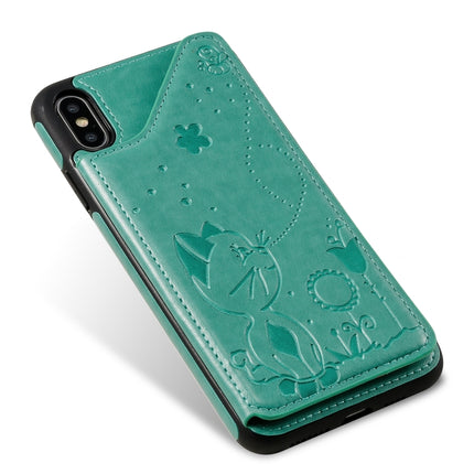 For iPhone XS Max Cat Bee Embossing Pattern Shockproof Protective Case with Card Slots & Photo Frame(Green)-garmade.com