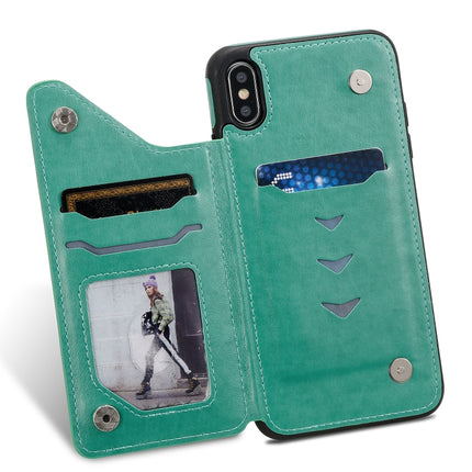 For iPhone XS Max Cat Bee Embossing Pattern Shockproof Protective Case with Card Slots & Photo Frame(Green)-garmade.com