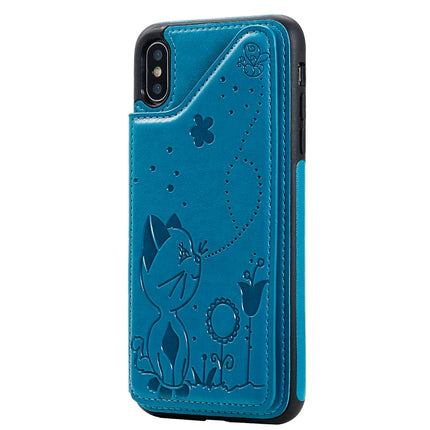 For iPhone XS Max Cat Bee Embossing Pattern Shockproof Protective Case with Card Slots & Photo Frame(Blue)-garmade.com