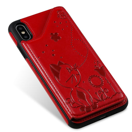 For iPhone XS Max Cat Bee Embossing Pattern Shockproof Protective Case with Card Slots & Photo Frame(Red)-garmade.com