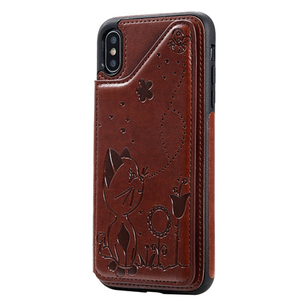 For iPhone XS Max Cat Bee Embossing Pattern Shockproof Protective Case with Card Slots & Photo Frame(Brown)-garmade.com