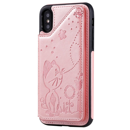 For iPhone XS Cat Bee Embossing Pattern Shockproof Protective Case with Card Slots & Photo Frame(Rose Gold)-garmade.com