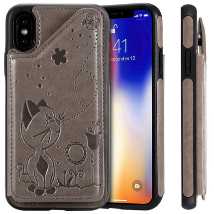 For iPhone XS Cat Bee Embossing Pattern Shockproof Protective Case with Card Slots & Photo Frame(Grey)-garmade.com