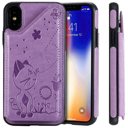 For iPhone XS Cat Bee Embossing Pattern Shockproof Protective Case with Card Slots & Photo Frame(Purple)-garmade.com