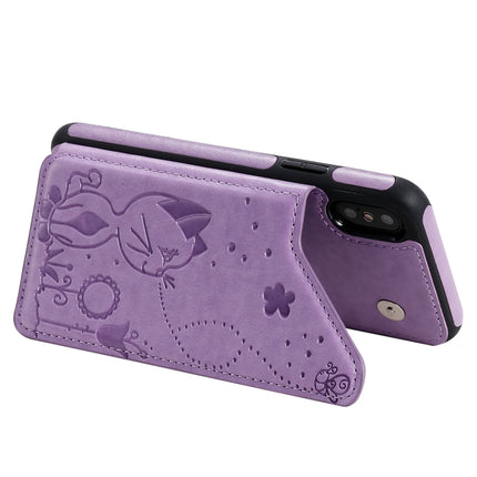 For iPhone XS Cat Bee Embossing Pattern Shockproof Protective Case with Card Slots & Photo Frame(Purple)-garmade.com