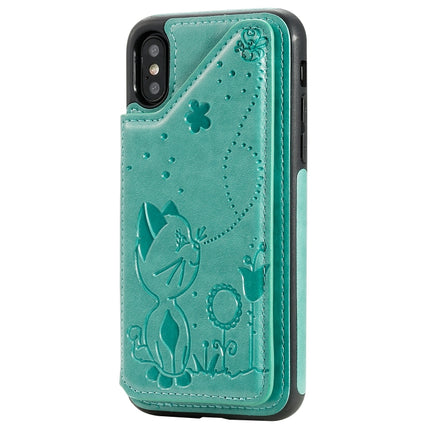 For iPhone XS Cat Bee Embossing Pattern Shockproof Protective Case with Card Slots & Photo Frame(Green)-garmade.com