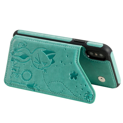 For iPhone XS Cat Bee Embossing Pattern Shockproof Protective Case with Card Slots & Photo Frame(Green)-garmade.com