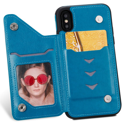 For iPhone XS Cat Bee Embossing Pattern Shockproof Protective Case with Card Slots & Photo Frame(Blue)-garmade.com