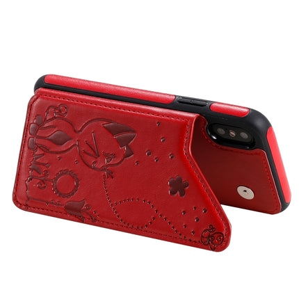 For iPhone XS Cat Bee Embossing Pattern Shockproof Protective Case with Card Slots & Photo Frame(Red)-garmade.com