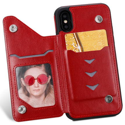 For iPhone XS Cat Bee Embossing Pattern Shockproof Protective Case with Card Slots & Photo Frame(Red)-garmade.com
