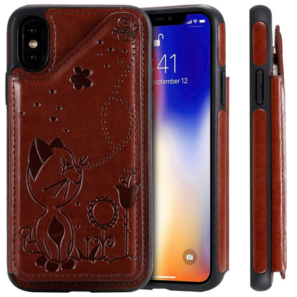 For iPhone XS Cat Bee Embossing Pattern Shockproof Protective Case with Card Slots & Photo Frame(Brown)-garmade.com