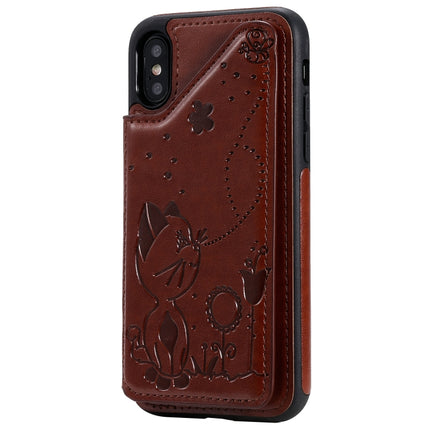 For iPhone XS Cat Bee Embossing Pattern Shockproof Protective Case with Card Slots & Photo Frame(Brown)-garmade.com