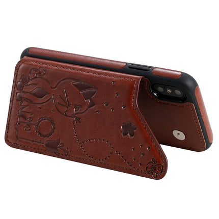 For iPhone XS Cat Bee Embossing Pattern Shockproof Protective Case with Card Slots & Photo Frame(Brown)-garmade.com