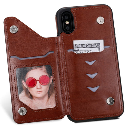 For iPhone XS Cat Bee Embossing Pattern Shockproof Protective Case with Card Slots & Photo Frame(Brown)-garmade.com